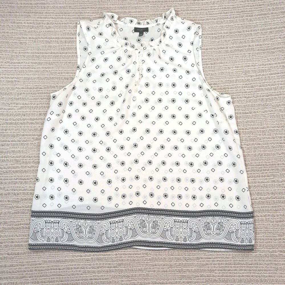 talbots petite lp large sleeveless ruffle neck floral paisley border tank blouse